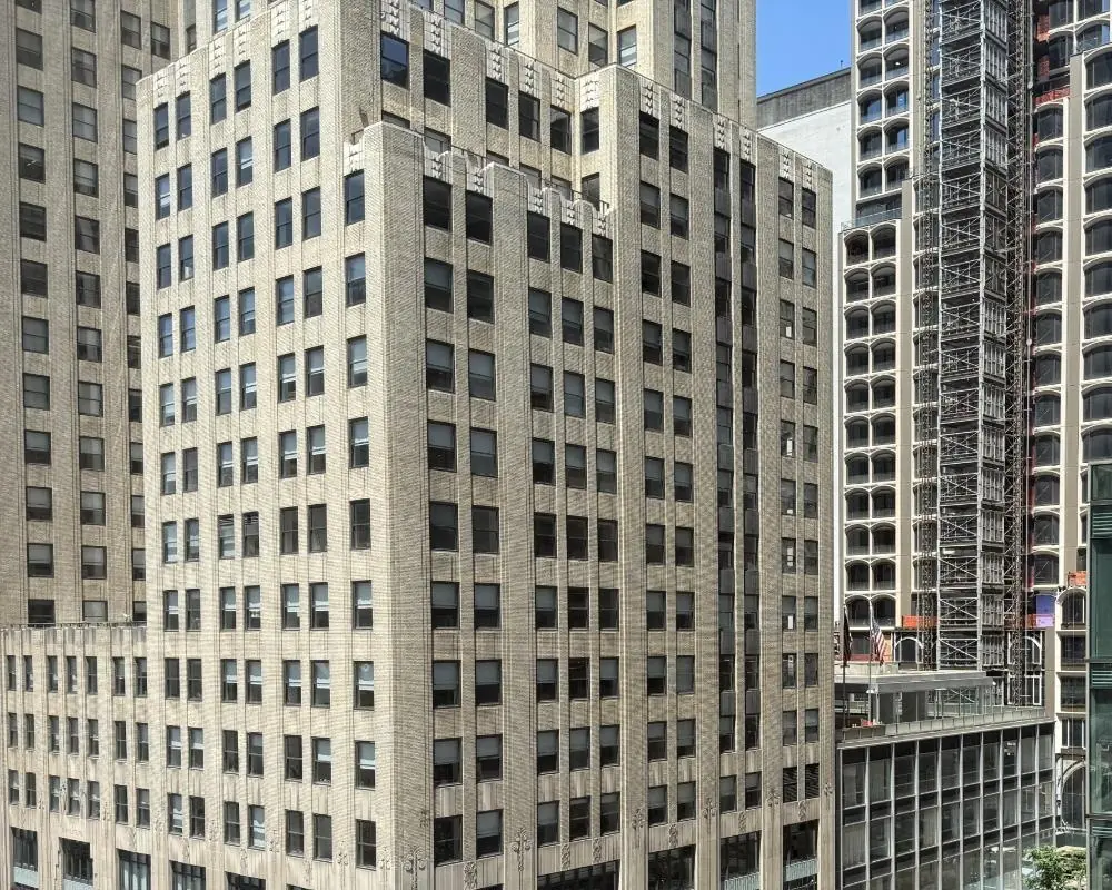 The view from the studio across Fifth Avenue to an Art Deco tower